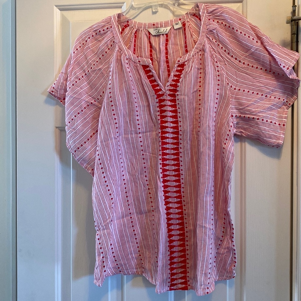 Caffe Marrahesh Red and White Short Sleeve Blouse